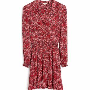 ByTiMo Floral Mini Dress Size Small Red Pink Romantic Smocked Waist Long Sleeve